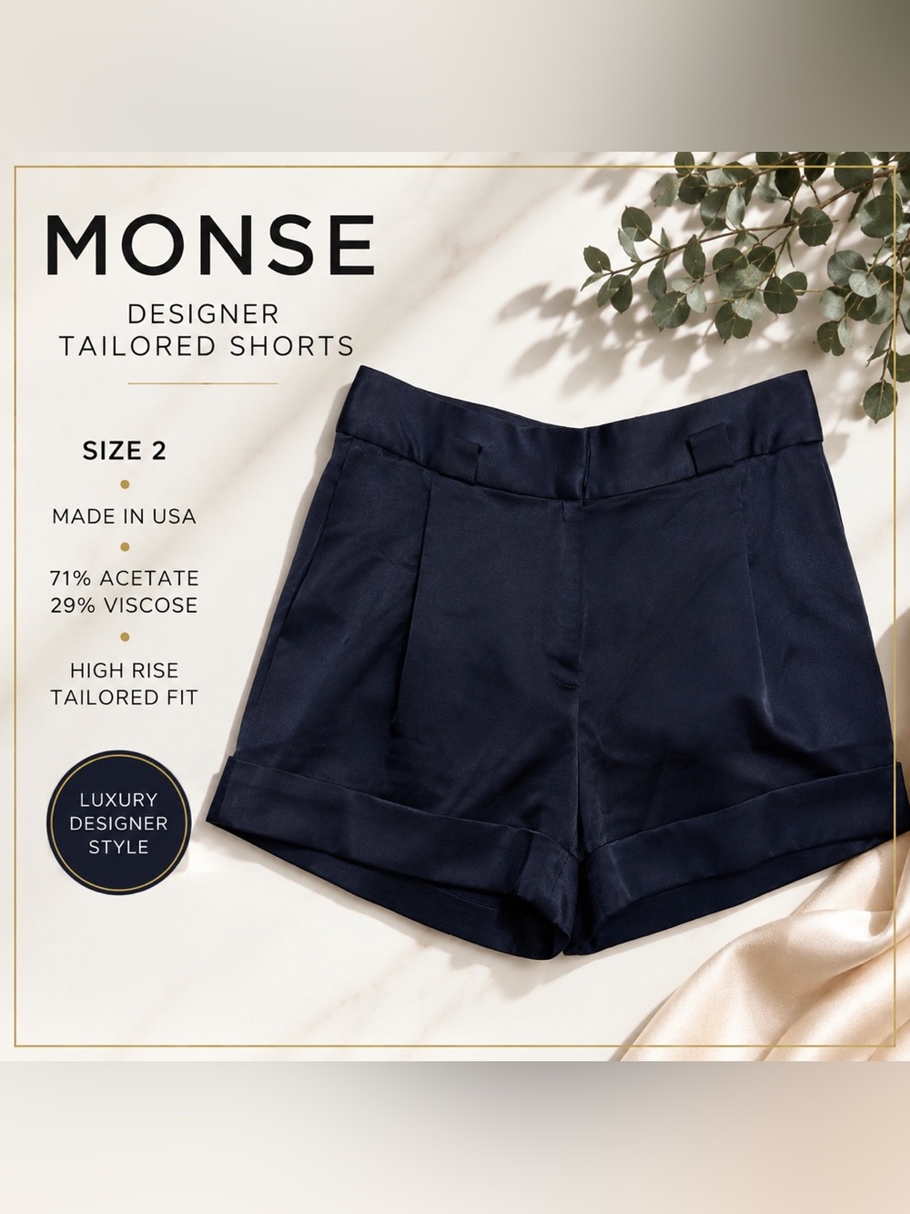 MONSE Designer Tailored Shorts Navy Satin High Rise Size 2